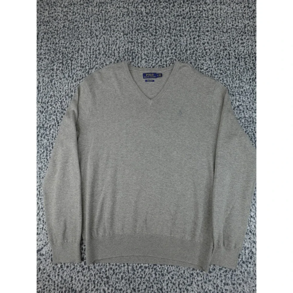Polo Ralph Lauren V-Neck Sweater Mens Large Grey Pima Cotton Pony Logo